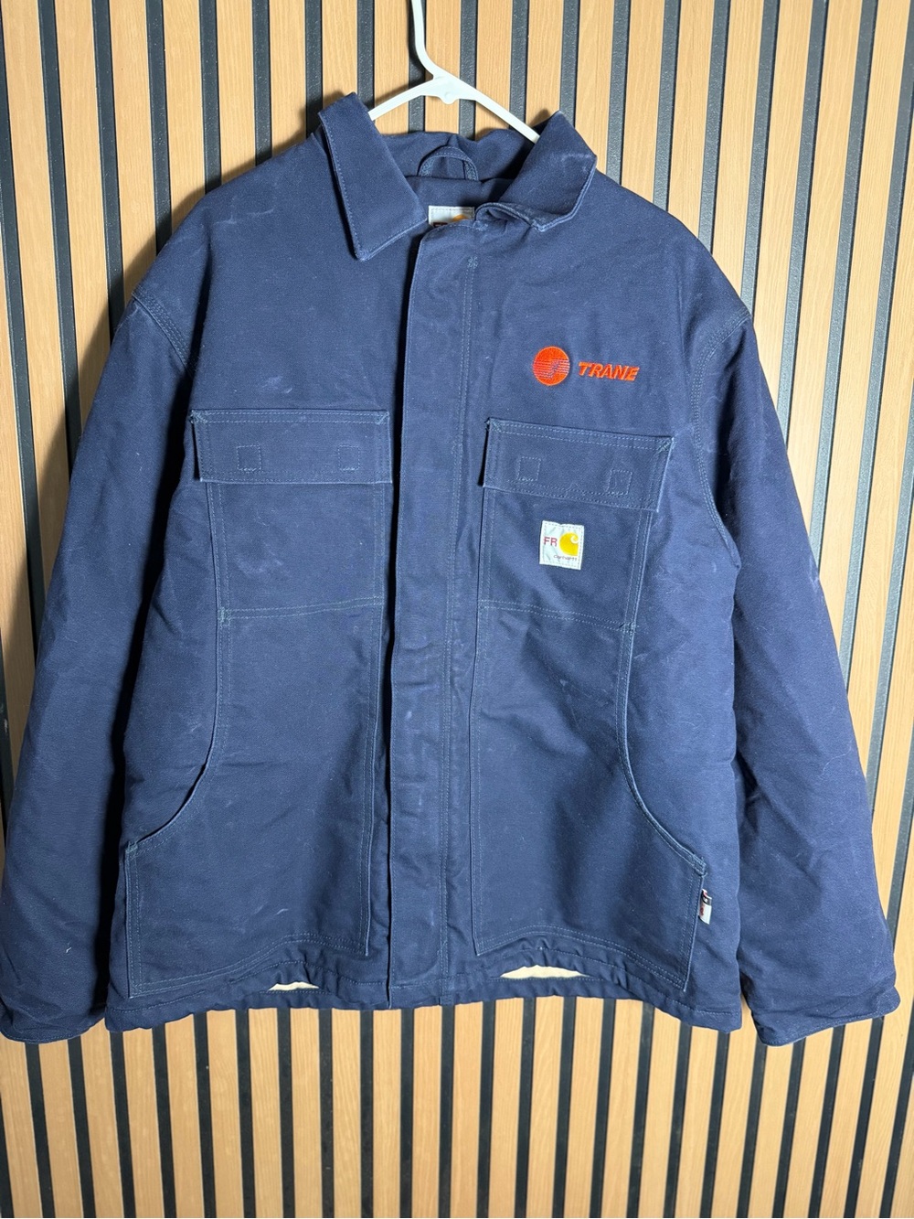 Carhartt FR Navy Canvas Work Jacket with Contrast Orange Logo size L